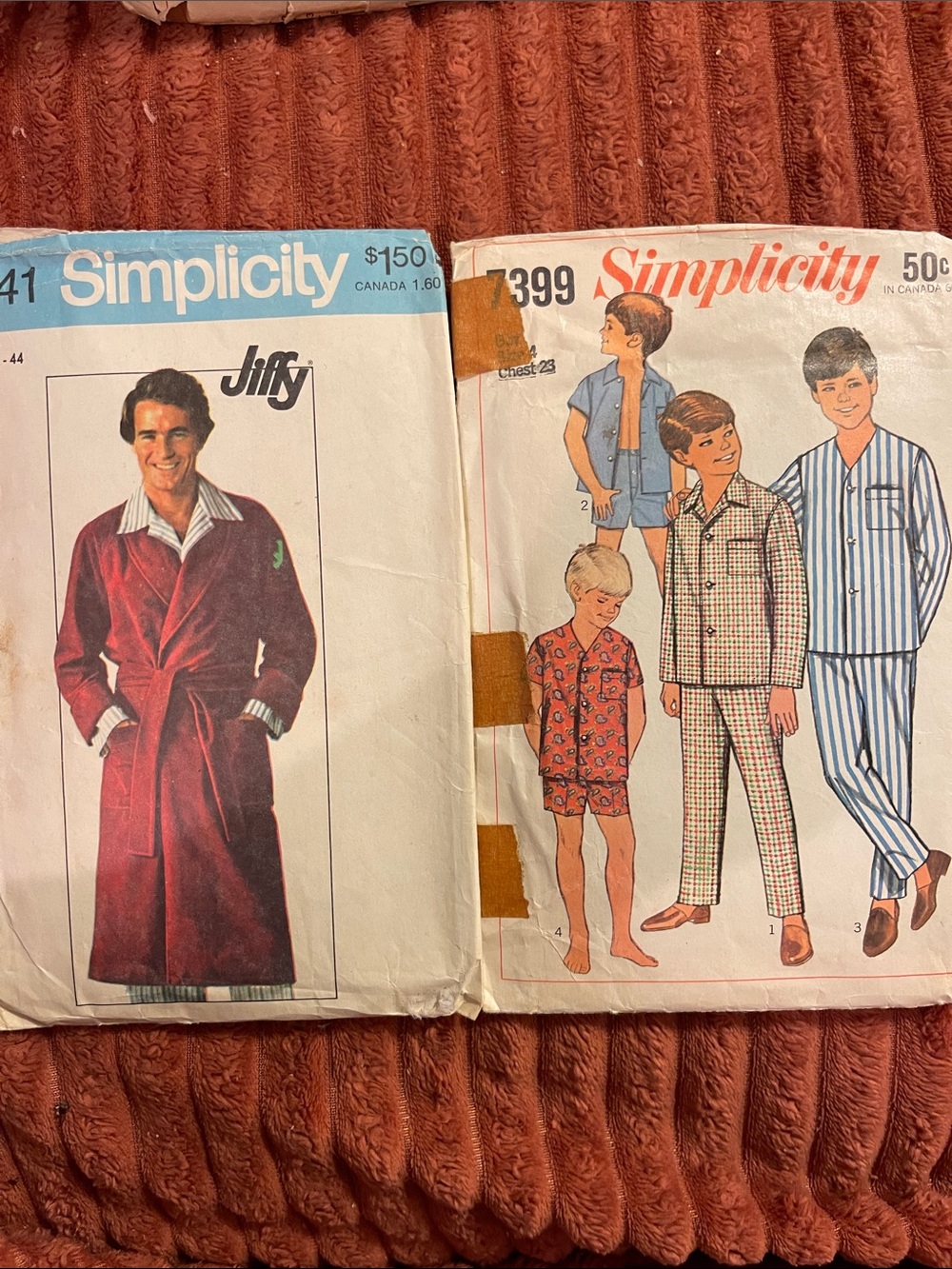 5/$25 Vintage Simplicity Men's Red Robe & Boys' Blue and Cream Pajama Patterns